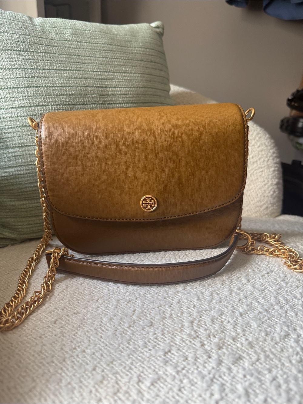 Tory Burch Camel Brown Robinson Crossbody with Gold Chain